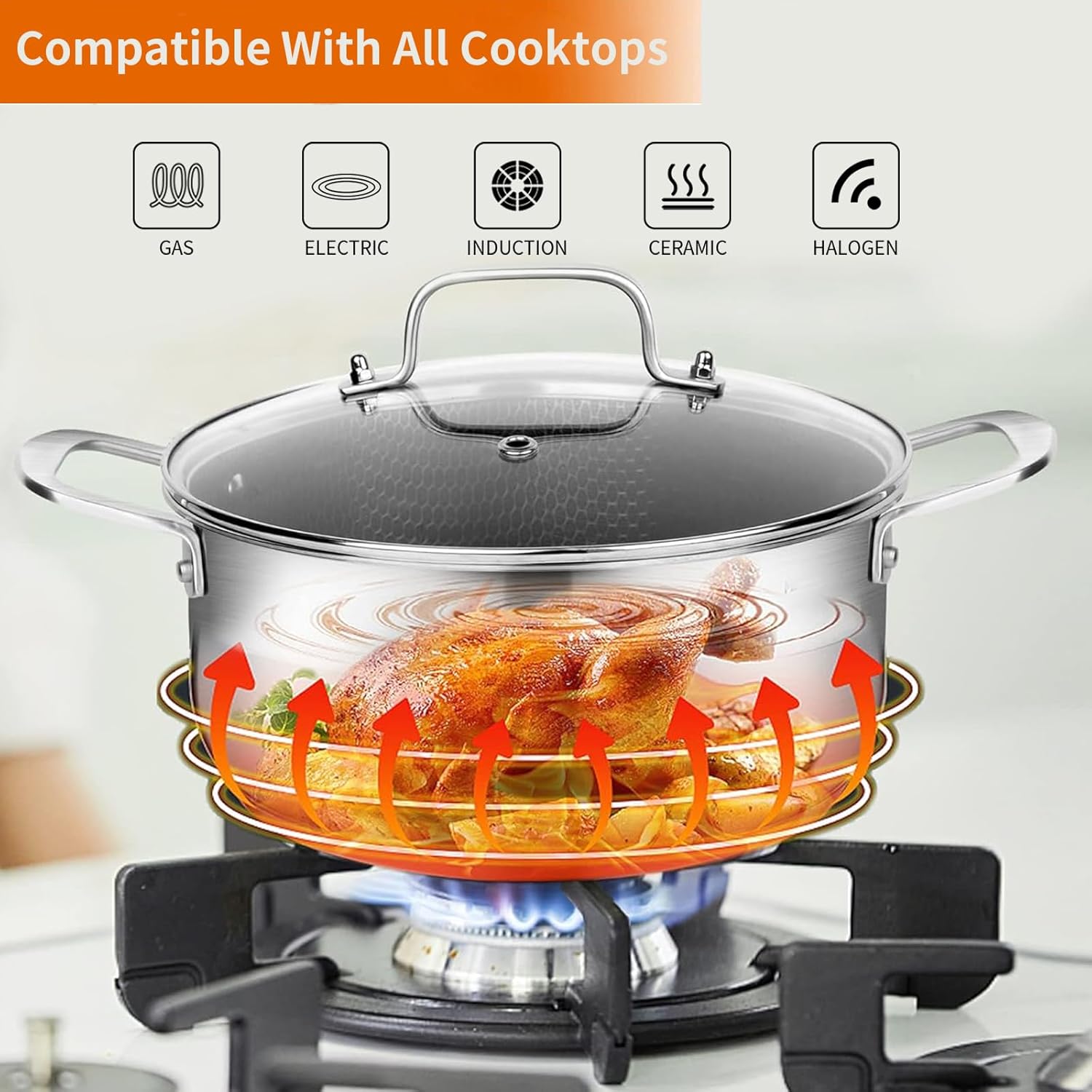 DELARLO Tri-Ply Stainless Steel Stock Pot, 5QT Non Stick Pots, Induction Ready, Cooking Pots with Lids, Stockpot 600℉ Oven Safe, 18/8 Food Grade Cookware, Soup Pot, Energy Saving, Lids 350℉