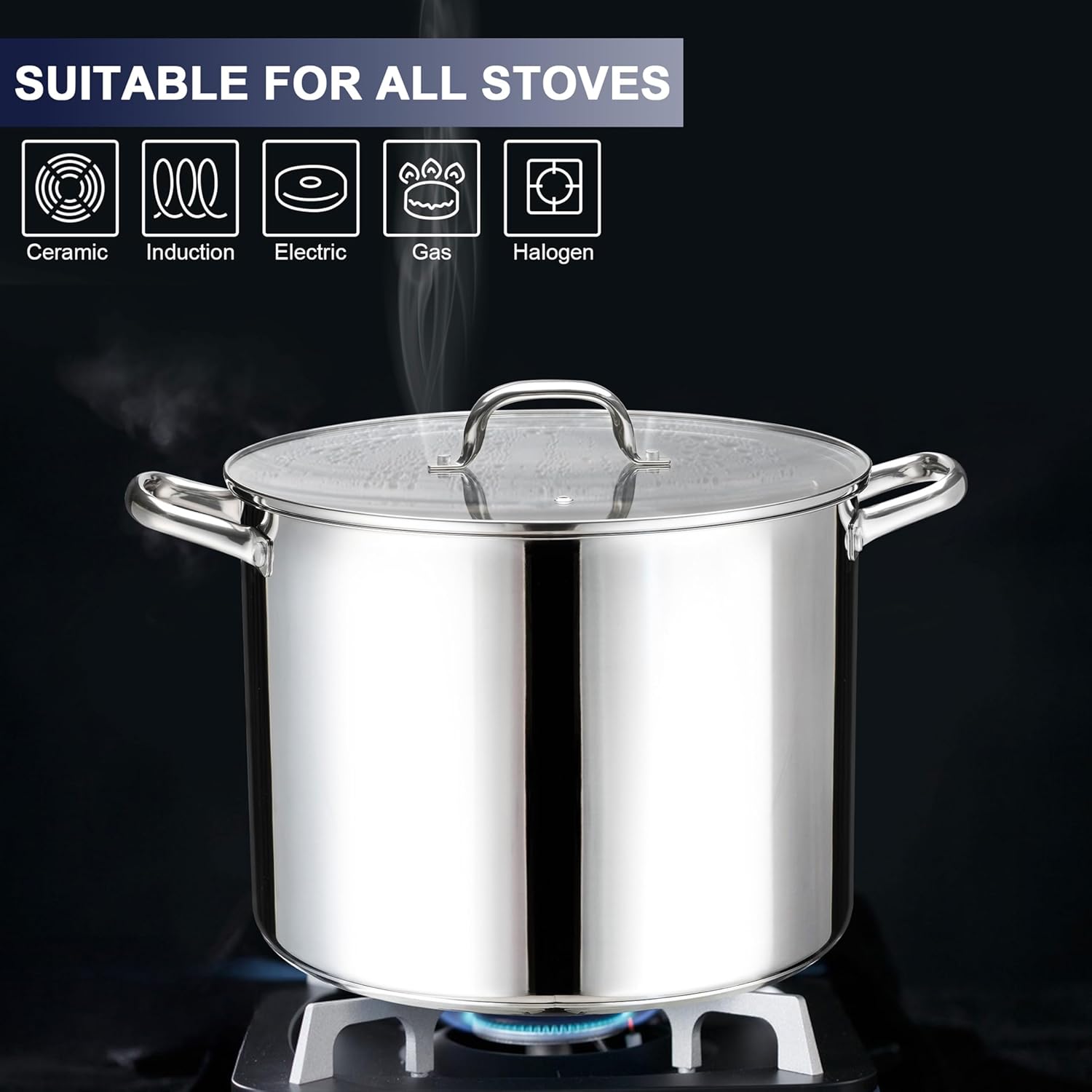 20 QT Stainless Steel Large Stock Pot, LIANYU Heavy Stockpot with Glass Lid, Deep Soup Canning Pot for Stewing Simmering, Tri-ply Base for Induction, Halogen Cooktops, Dishwasher Safe