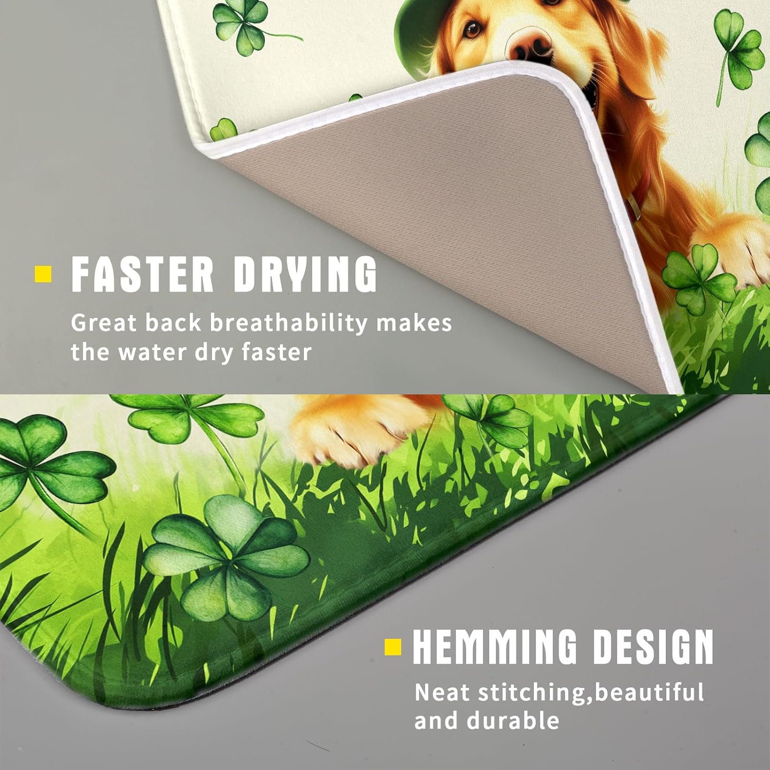 St Patrick's Day Dog Dish Drying Mat 16x18 inch Green Shamrock Dishes Pad Absorbent Microfiber Dish Drainer Mat for Kitchen Counter Coffee