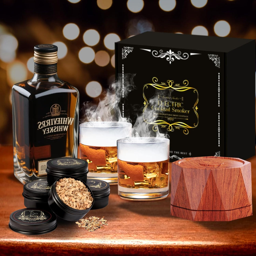 Electric Whiskey Smoker Kit with 4 Wood Chips,2 Whisky Stones,Cocktail Smoker Kit Built-in Lighter, No Butane Needed,Old Fashioned Drink Smoker Kit, Bourbon Whiskey Gifts for Men,Dad,Husband