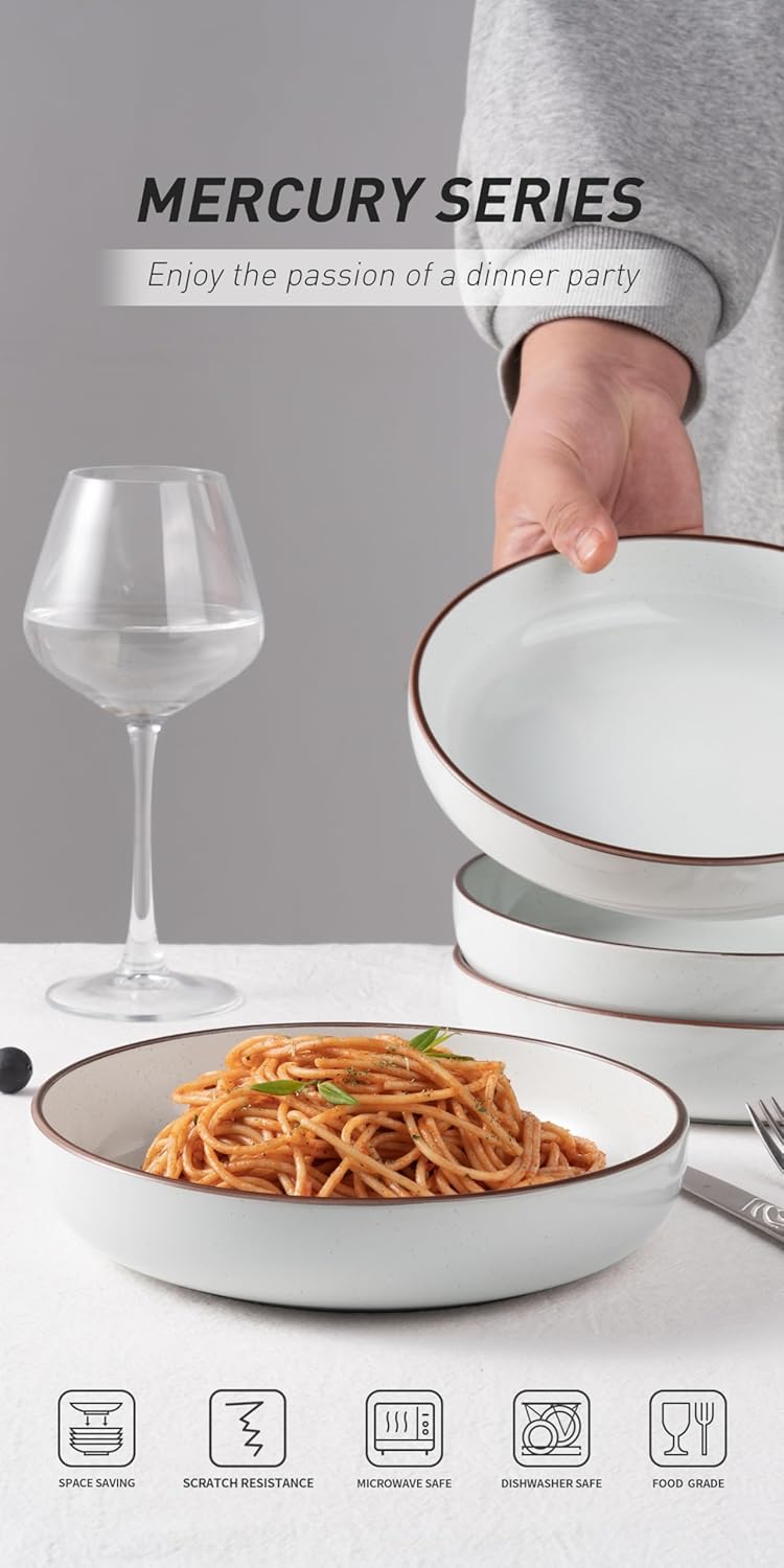 famiware Mercury Pasta Bowls Set of 4, 33 oz Large Salad Bowls, Stoneware Pasta Plates Bowls, Serving Bowls for Kitchen, Microwave & Dishwasher Safe, White