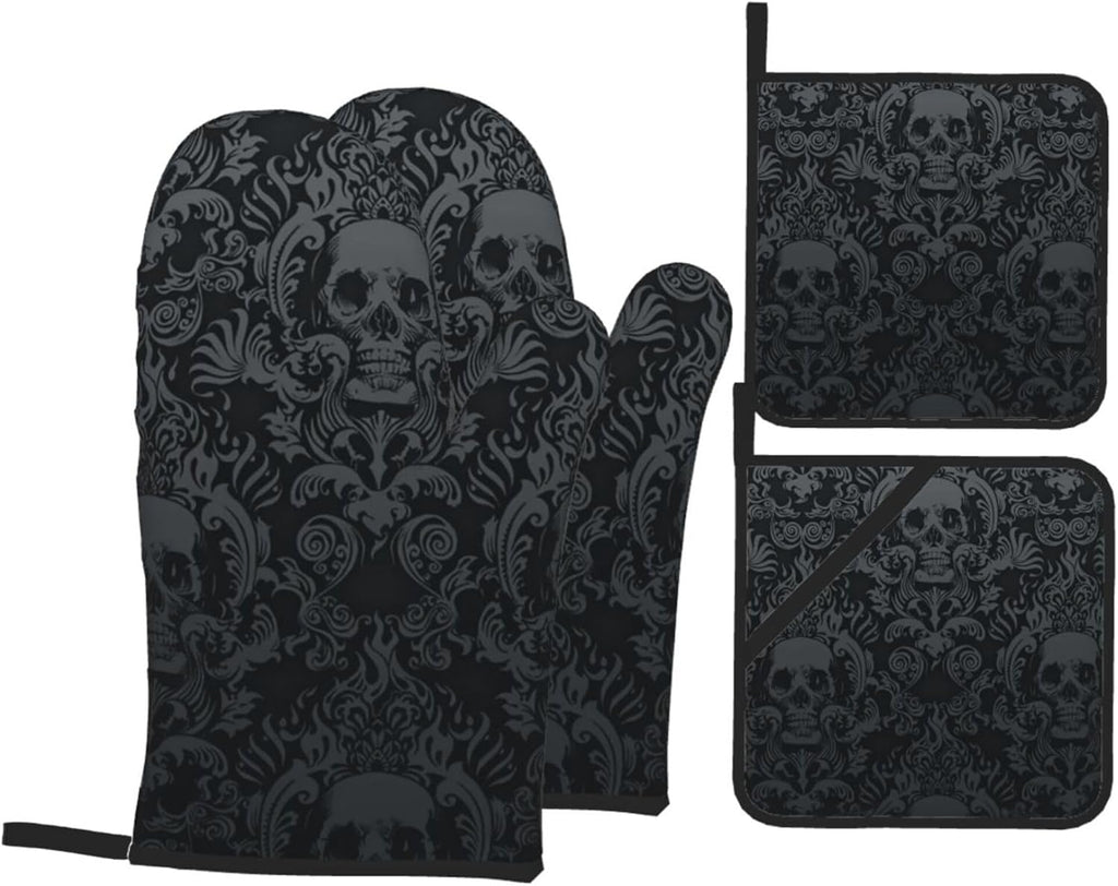 Victorian Gothic Black Skull Damask Oven Mitts and Pot Holders Sets of 4,Resistant Hot Pads with Polyester Non-Slip BBQ Gloves for Kitchen,Cooking,Baking,Grilling
