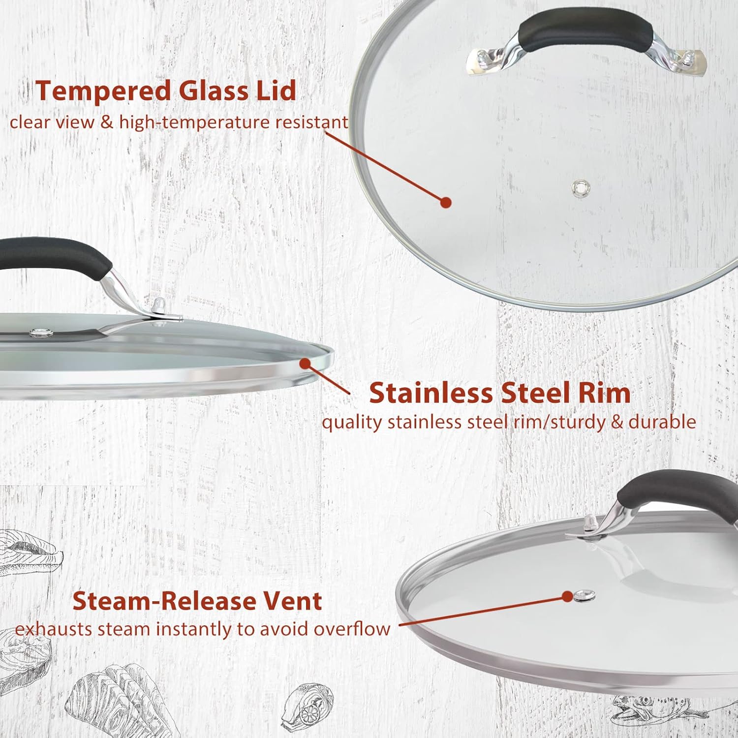 12 Inch Tempered Glass Pot Lid Compatible with 12” Lodge Cast Iron Skillets and 7 Quart Dutch Ovens - Designed with Steam Vent Hole and Heat Resistant Handle