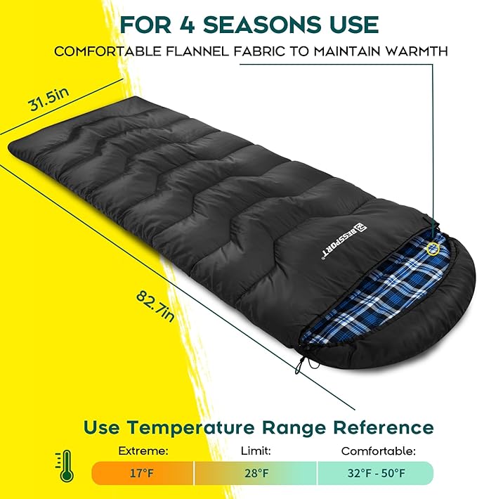 Bessport Sleeping Bag Winter | Flannel Lined 18℉ - 32℉ Extreme 3-4 Season Warm & Cool Weather Adult Sleeping Bags Large | Lightweight, Waterproof for Camping, Backpacking, Hiking