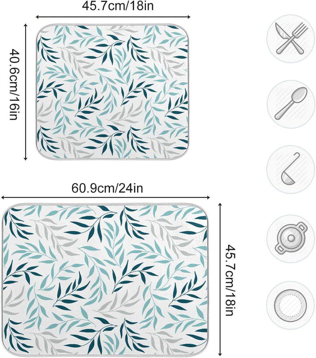 Blue Grey Olive Leaves Dish Drying Mat for Kitchen Counter Absorbent Microfiber Drying Pad, Medium 16x18 in, Reversible Drainer Mats