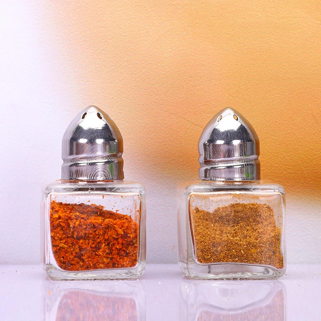 100 Pack Mini Salt and Pepper Shakers, 0.5 OZ Bulk Clear Glass Seasoning Jars Spice Shaker, Small Cube Glass Spice Shaker Container with Stainless Steel Lid for Kitchen Restaurant Supplies