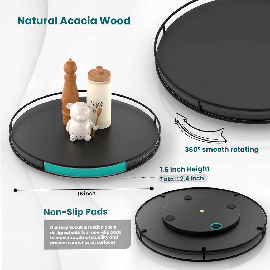 16" Acacia Wood Lazy Susan Turntable with Metal Frame - Large Black Lazy Susans Organizer Countertop Storage - Wooden Serving Tray for Charcuterie Cheese Board - Kitchen Counter Rotating