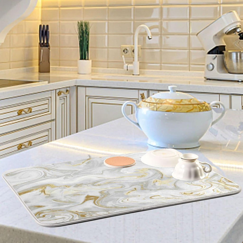 White Grey Gold Marble Fluid Dish Drying Mat for Kitchen Counter Absorbent Microfiber Drying Pad, Large 18x24 in, Reversible Drainer Mats
