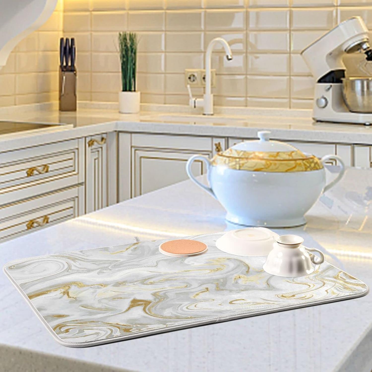 White Grey Gold Marble Fluid Dish Drying Mat for Kitchen Counter Absorbent Microfiber Drying Pad, Large 18x24 in, Reversible Drainer Mats
