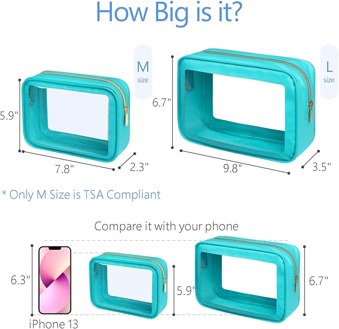 PACKISM TSA Approved Toiletry Bag - 2 Pack Upgrade Color-Edged Clear Makeup Bag, Clear Toiletry Bag For Traveling Fits Various Storage Needs, Turquoise (2 Sizes)