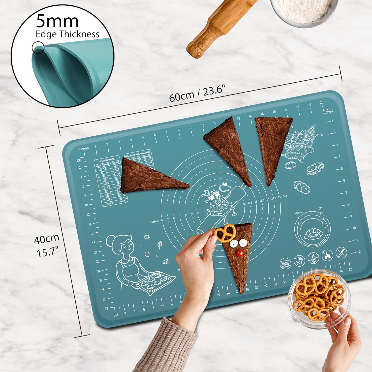 Silicone Pastry Mat 24" x 16" Extra Thick Non Stick Baking Mat with Measurements and Edge Heightening, Food Grade Silicone Rolling Mat for Pastry, Bread, Cookies, Pizza, Fondant, Pasta