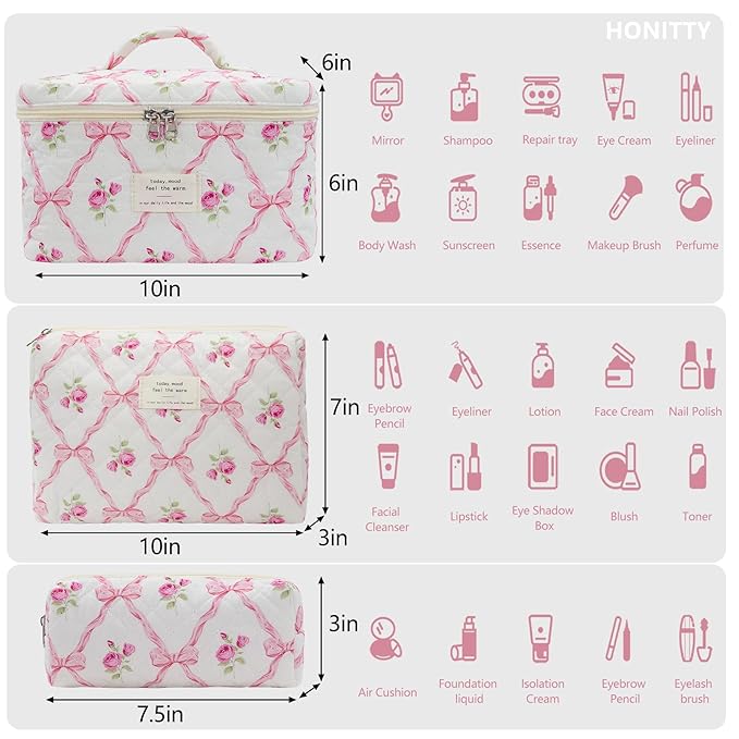 Makeup Bag,Quilted Cosmetic Bag,Large Floral Make Up Bag for Women,Cotton Makeup Bag Set,Flower Travel Toiletry Bag