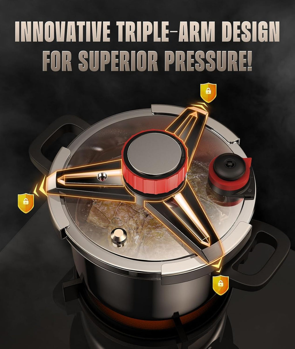 18/8 Stainless Steel Pressure Cooker 7 QT, [Save 70% Cooking Time] Olla De Presion with Food-Grade Body [One Hand Operation] Rotating Lock/Unlocking Lid System, Steam Rack Included