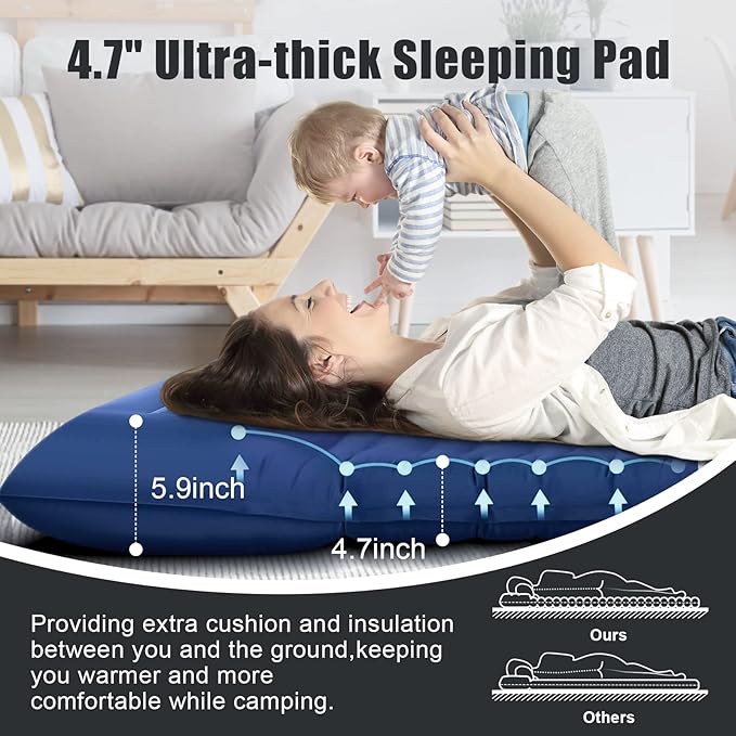 Camping Sleeping Pad, Extra Thickness 4.7 Inch Inflatable Sleeping Mat Lightweight Waterproof Camping with Built-in Pump Air Mattress for Backpacking, Hiking, Tent, Traveling