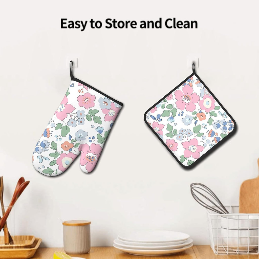 Pink Floral Oven Mitts and Pot Holder Set of 2 Watercolor Flower Heat Resistant BBQ Gloves Hot Pads for Kitchen Baking Cooking Microwave