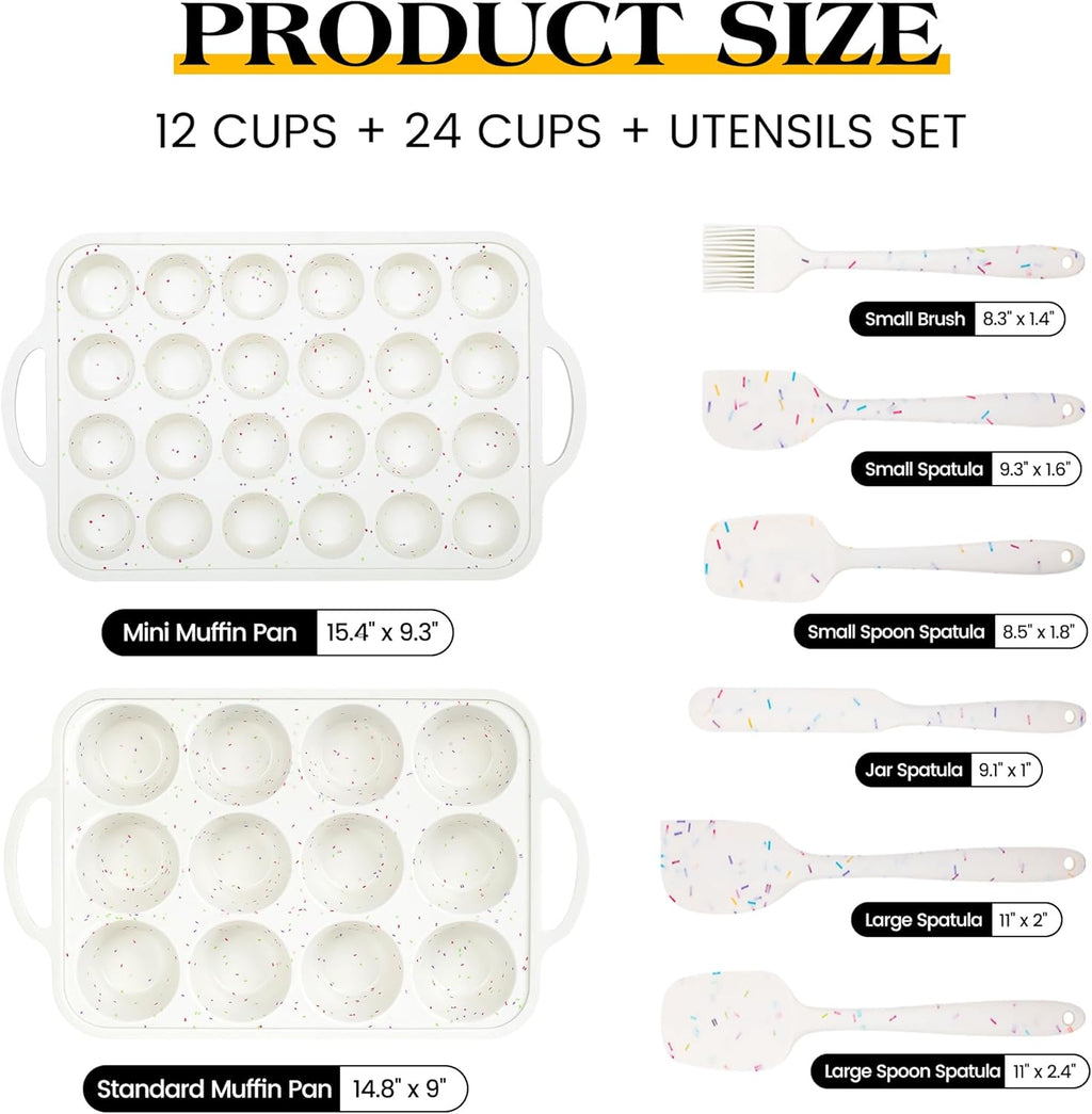 8 Pcs Silicone Muffin Pan Set, 12 Cup Regular and 24 Cup Mini Nonstick Muffin Tray with 6 Pcs Utensils, Silicone Muffin Pan for Baking with Metal Reinforced Frame BPA Free (8 Pcs, Cream)