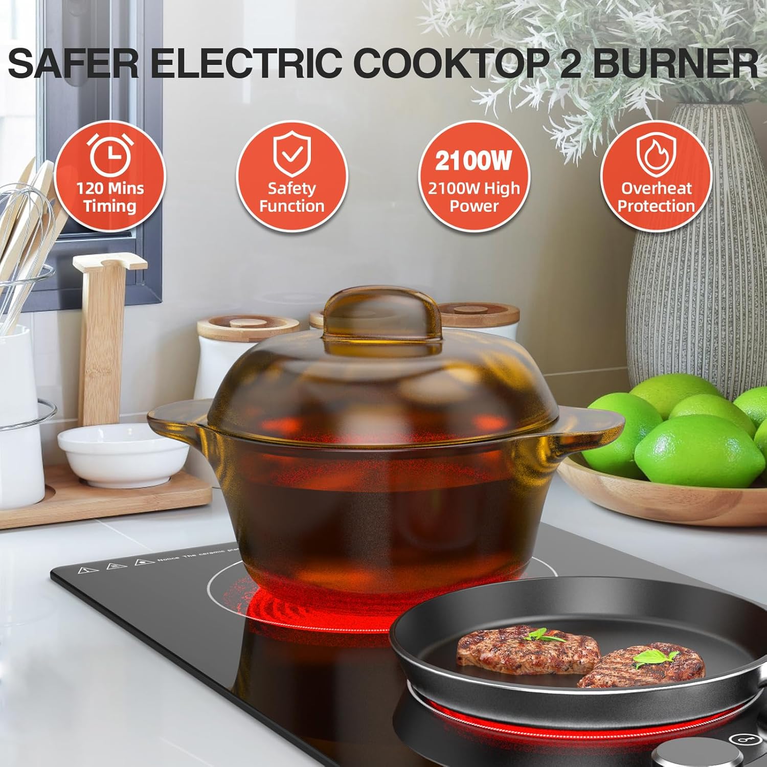110v Electric Cooktop 2 Burners, 12'' Electric Stove Top with Plug in, GTKZW Knob Control Countertop & Built-in Ceramic Cooktop, 9 Power Levels, Child Lock, Timer, Over-Heat Protection