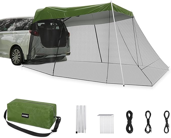 G4Free Car Awning Sun Shelter with Mosquito Net, Portable SUV Tent Tailgate Shade Canopy for Outdoor Camping Travel (Army Green)