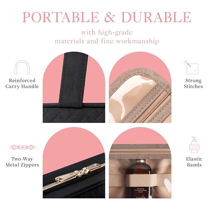 HOTOR Travel Toiletry Bag w/Hanging Hook - Spacious Toiletry Bag Essentials for Women & Men, Makeup Bag/Big Comparment, Waterproof for Travel Accessories, Medium, Black