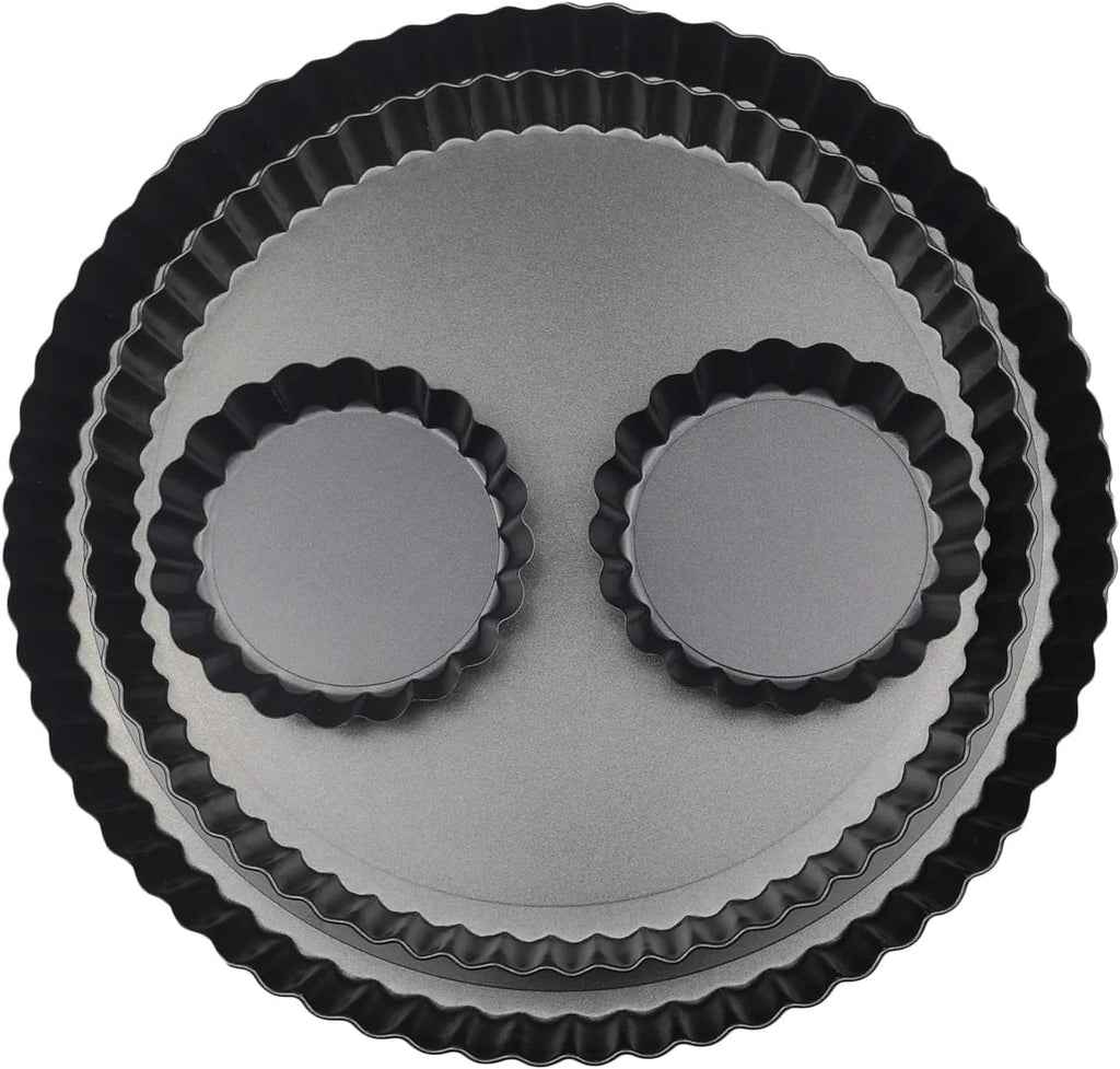 11 & 9 Inch Round Tart Pans with 2Pcs 4'' Mini Pans. Removable Bottom, Non-Stick Coating, Rugged Carbon Steel for Tart Quiche Pie Making. Gift for Christmas Thanksgiving Party Festival Family