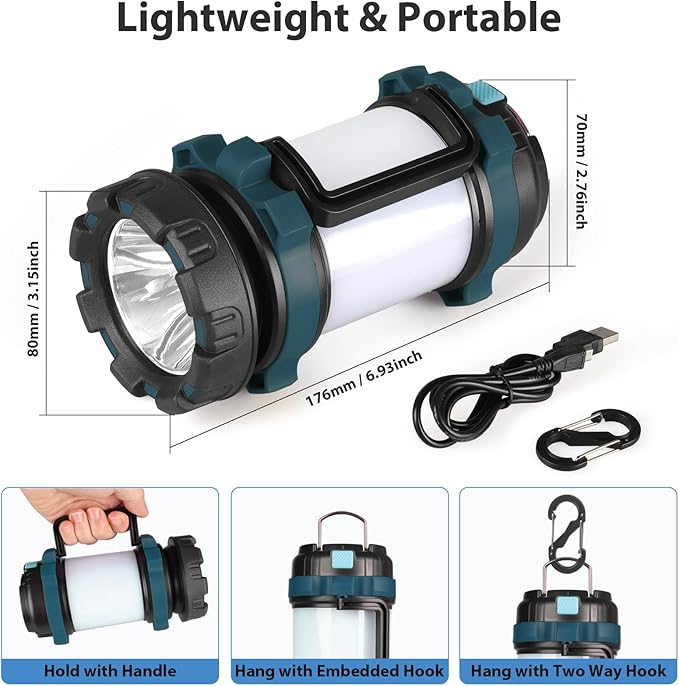 2 Pack Camping Lantern, Outdoor LED Camping Light, Rechargeable Flashlights with 1000LM, 6 Modes, 4000mAh Power Bank, IPX5 Waterproof Portable Emergency Camp Light for Hurricane Survival - Blue