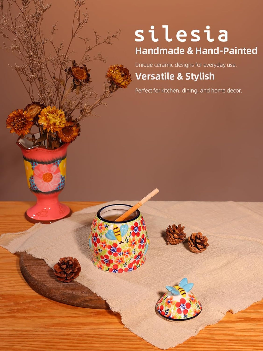 Silesia Handmade Honey Jar with Lid, 10 Ounce Ceramic Hand-Painted Honey Containers with Wooden Dipper, Honey Pot Set for Home and Kitchen in Gift Box, Oven, Dishwasher & Microwave Safe, Jungle Floral
