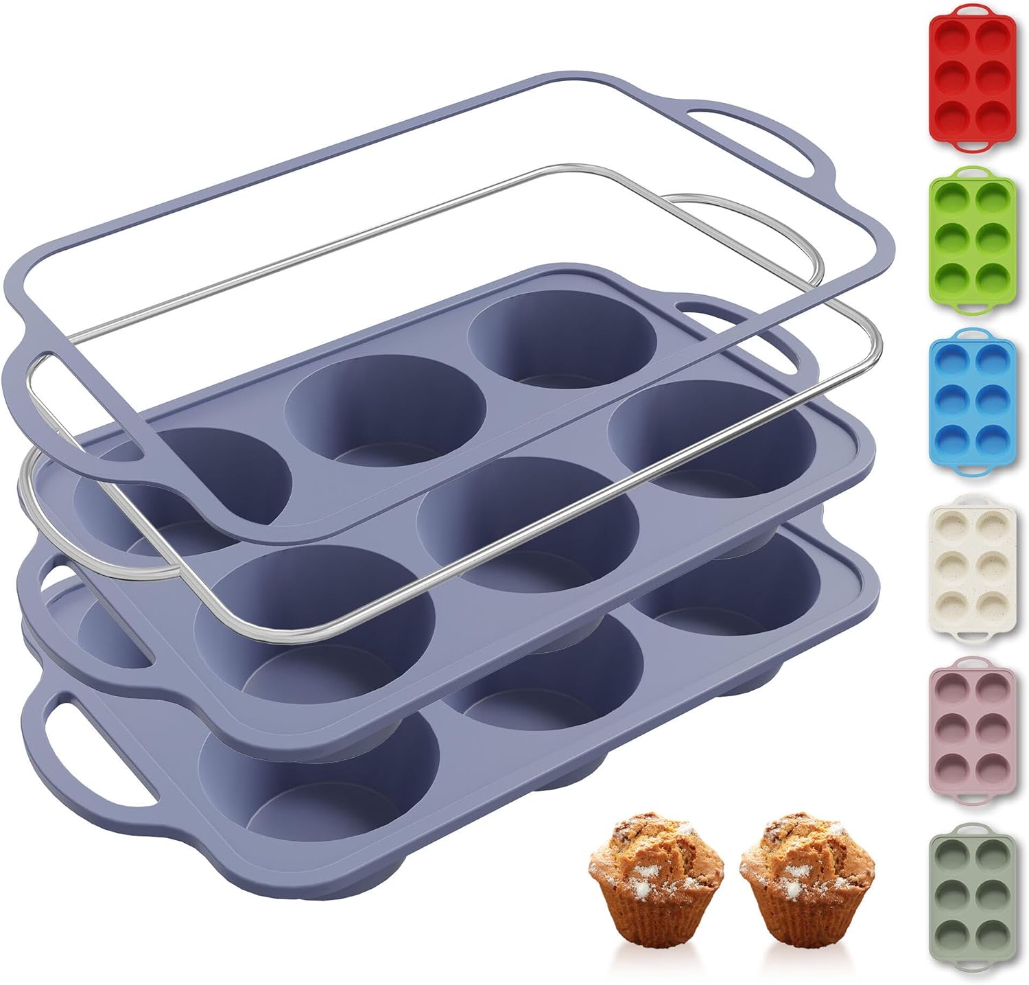 2 Packs 6 Cups Silicone Muffin Pan with Metal Reinforced Frame Jumbo Size Cupcake Pan Tray Egg Bites Silicone Circle Round Cookie Molds Muffin Tin Tall Tart Pans Baking Sheet Breakfast Sandwiches