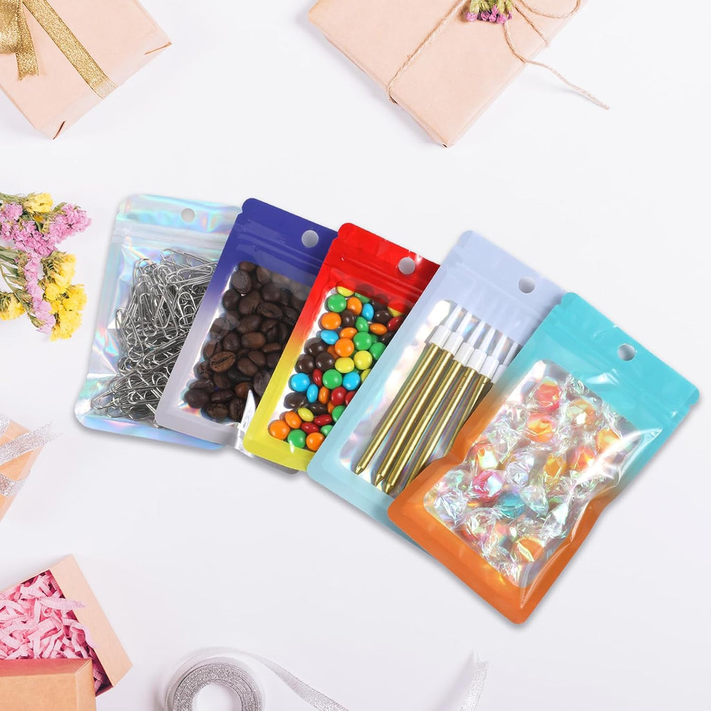 200 Pack Resealable Mylar Holographic Bags Food Storage Smell Proof Bags with Front Window Foil Packaging Pouch for Candy Sample Jewelry Small Business 2.95×4.72 Inch, White