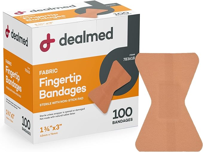 Dealmed Fabric Fingertip Flexible Adhesive Bandages – 100 Count (12 Pack) Bandages with Non-Stick Pad, Latex Free, Wound Care for First Aid Kit, 1-3/4" x 3"