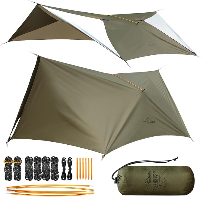 Ultralight Tarp, 14ft Hammock Rain Fly Lightweight Waterproof Camping Tent Tarp with Doors, Bushcraft Tarp Shelter for Backpacking Hiking Camping