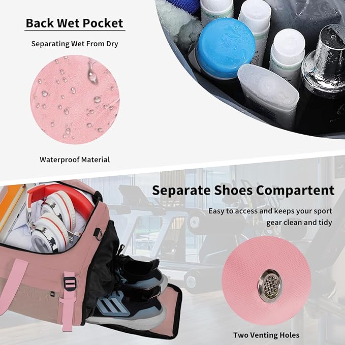 Eackrola Large Sports Gym Bag, Travel Duffel bag with Wet Pocket & Shoes Compartment for men women, 65L, Lightweight（Pink）