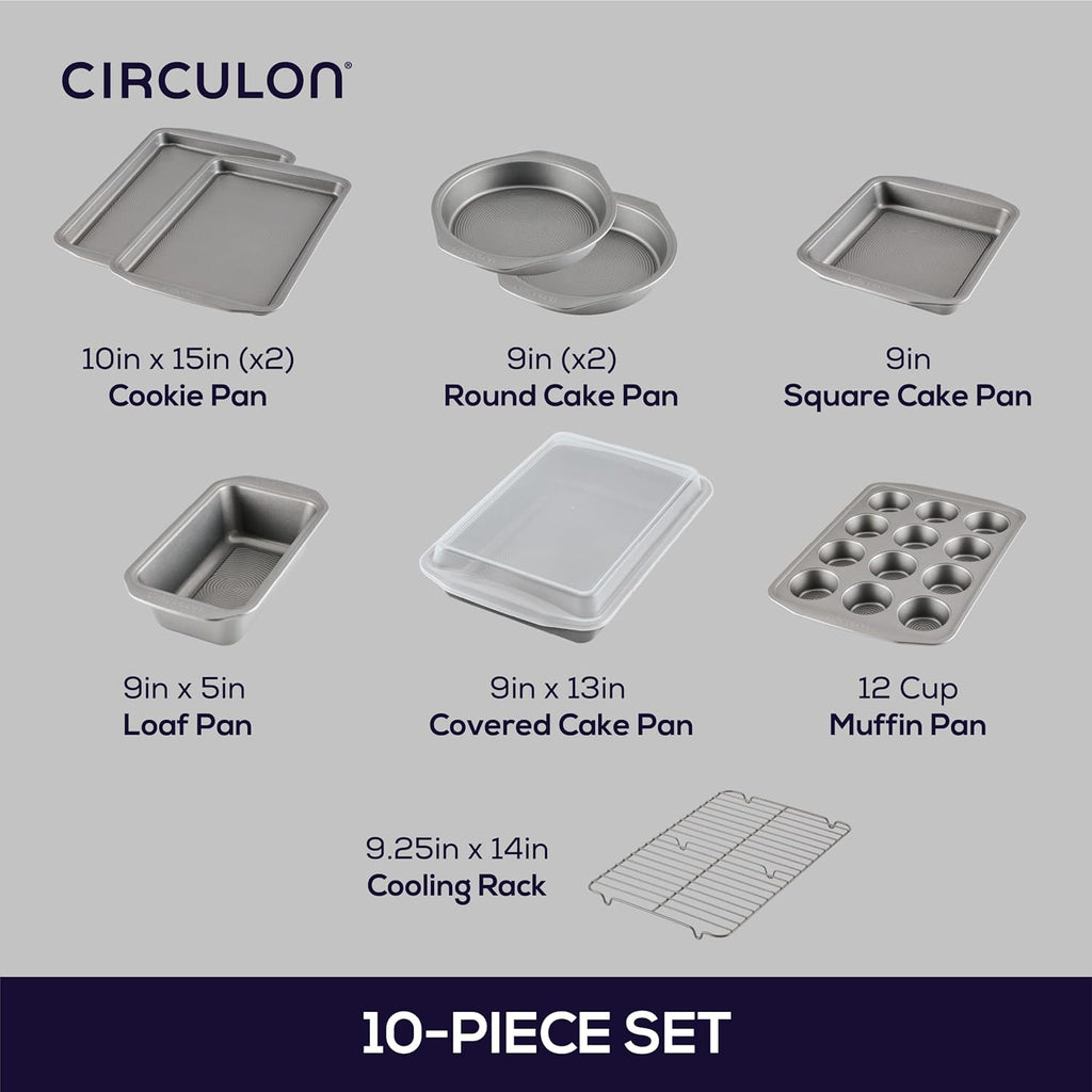 Circulon Nonstick Heavy Gauge Steel Bakeware Set with Rolled Pan Edges Loaf Pan, Cookie Pan, Baking Pans, Cake Pans, Muffin Pan and Cooling Rack (10-Piece, Gray)