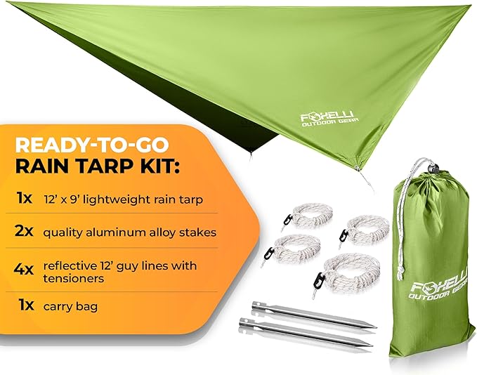 Foxelli Hammock Rain Fly - Waterproof Lightweight Tent & Hammock Rain Tarp for Camping, Backpacking w/Easy Setup Including Extra Long Guy Lines & Stakes