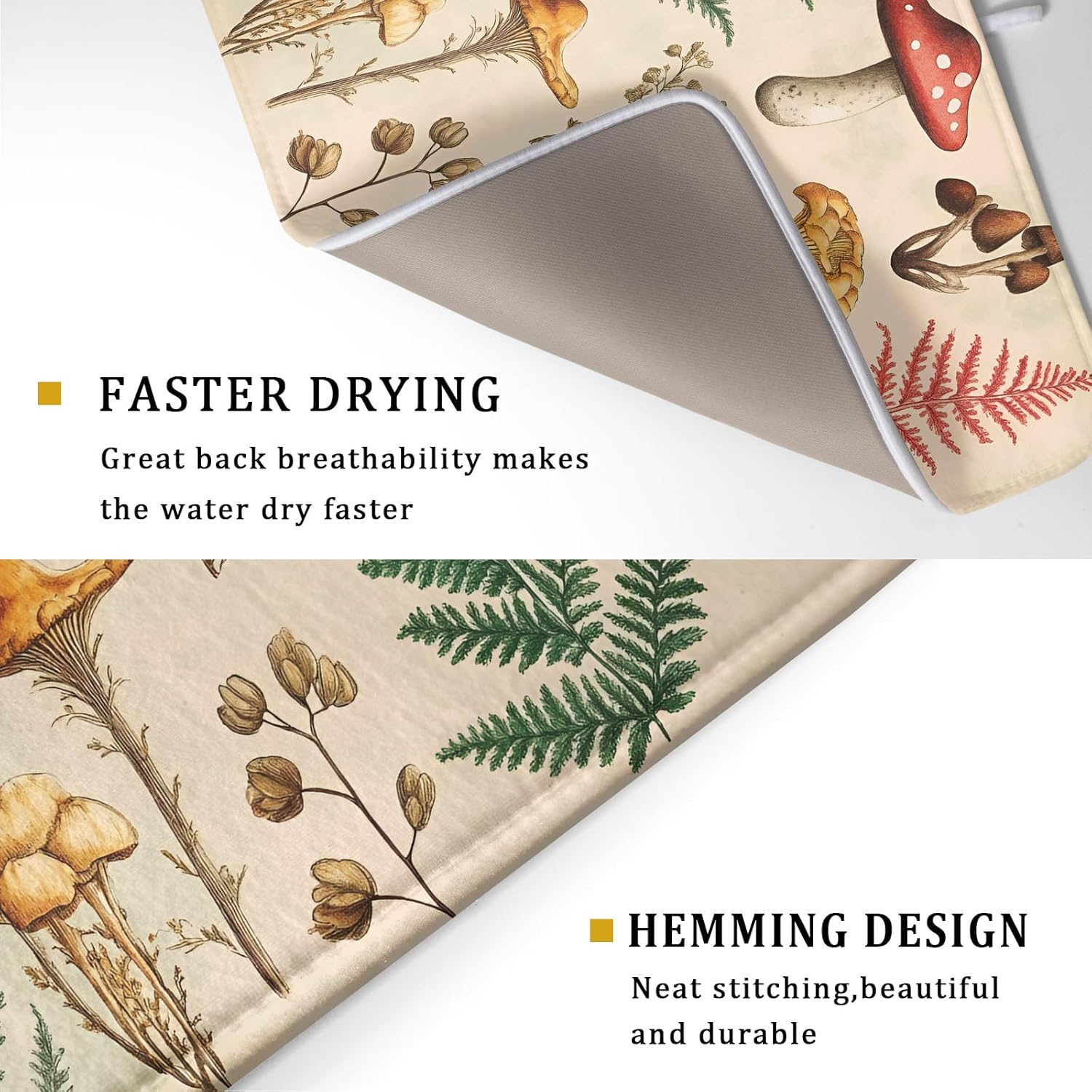 Ferns Mushrooms Dish Drying Mats Woodland Forest Microfiber Drying Pad Reversible Drainer Mats 18 X 24 Inch