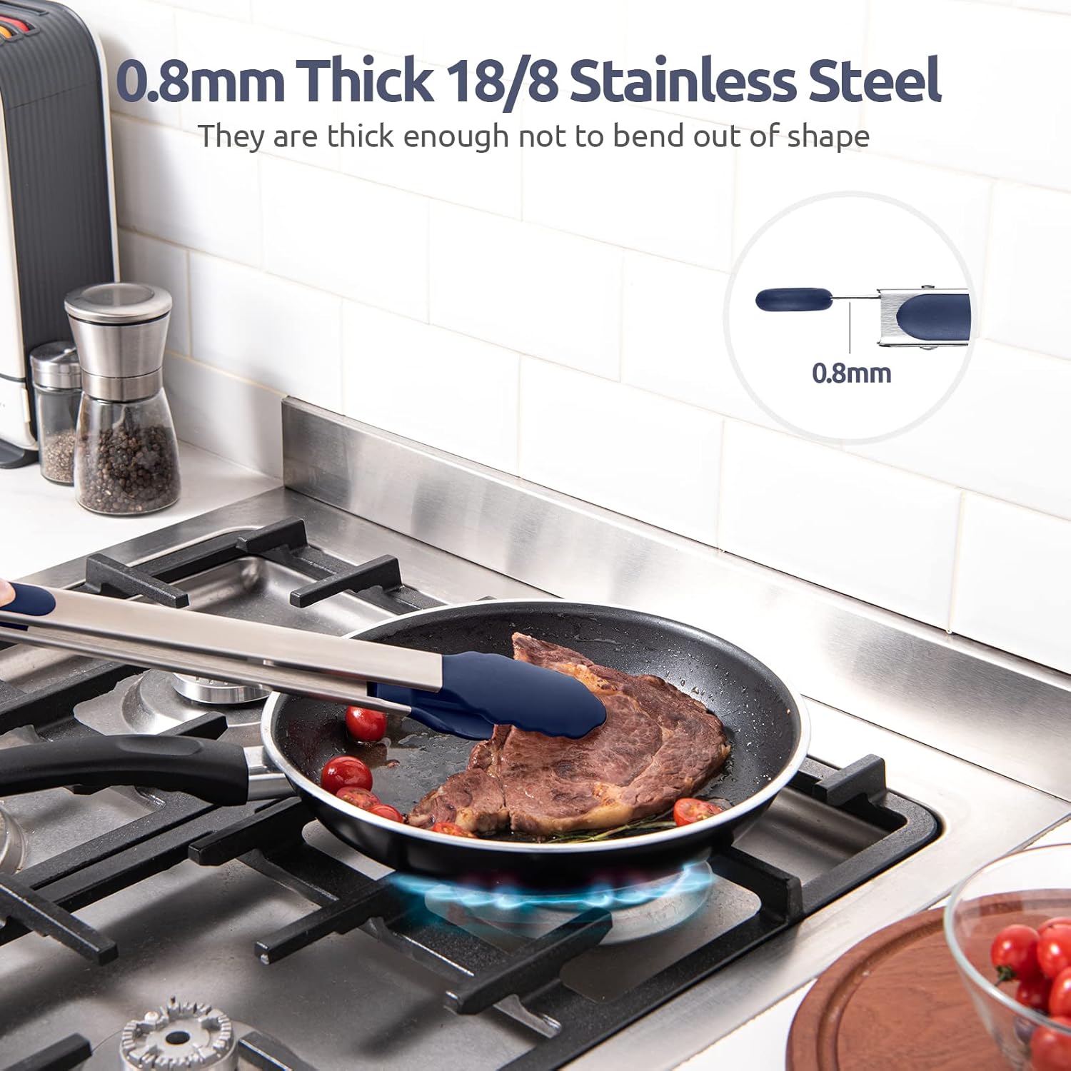 600ºF Heat Resistant Kitchen Tongs: U-Taste 16 in Extra Long Large Silicone Cooking Tong with Non Stick Rubber Tips & Non Slip Silicon Coated 18/8 Stainless Steel Handle for Grill BBQ (Midnight Blue)