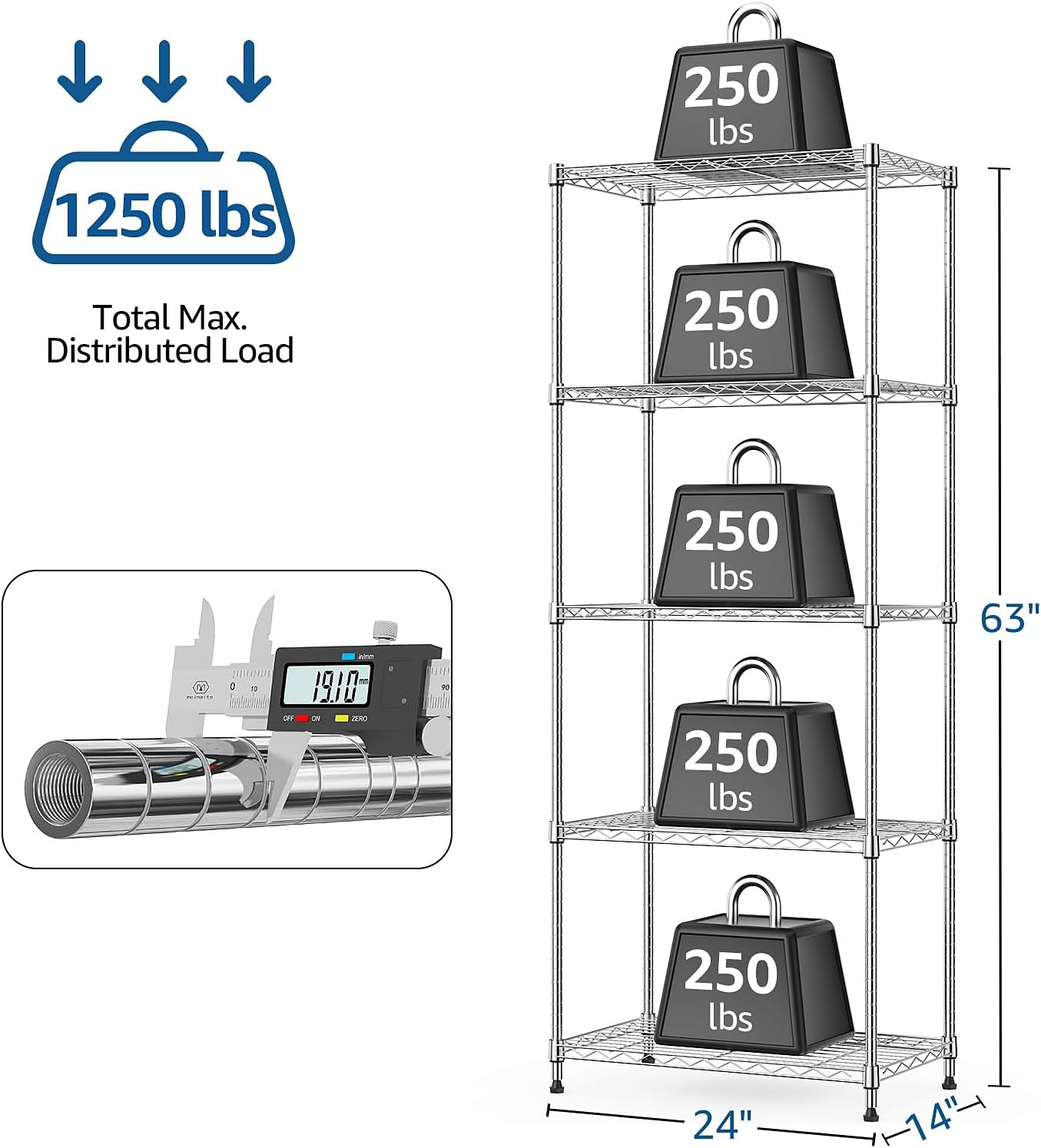 1250 lbs 5 Tier Shelf Metal Storage Shelves Wire Rack Closet Organizers with Wheel for Garage Kitchen Bathroom Laundry Chrome 13.7" D x 23.6" W x 62.4" H