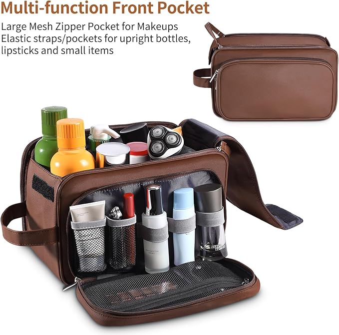 Buruis Extra Large Toiletry Bag for Men, Travel Toiletry Organizer Dopp Kit Water-resistant Shaving Bags, PU Leather Cosmetic Bathroom Shower Bag for Toiletries, Grooming, Accessories (Brown)
