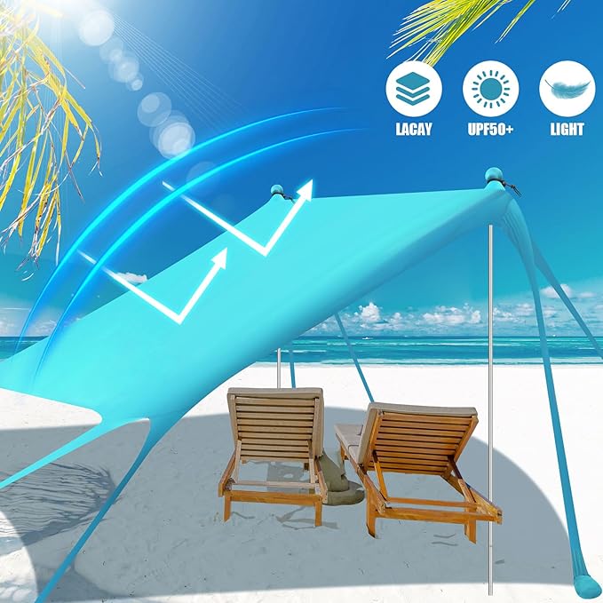 Beach Tent Sun Shelter UPF 50+ Beach Shade Canopy Pop up Tent Portable Cabana Outdoor with Aluminum Poles Sandbags Sand Shovel for Camping Fishing Trip Picnic Party