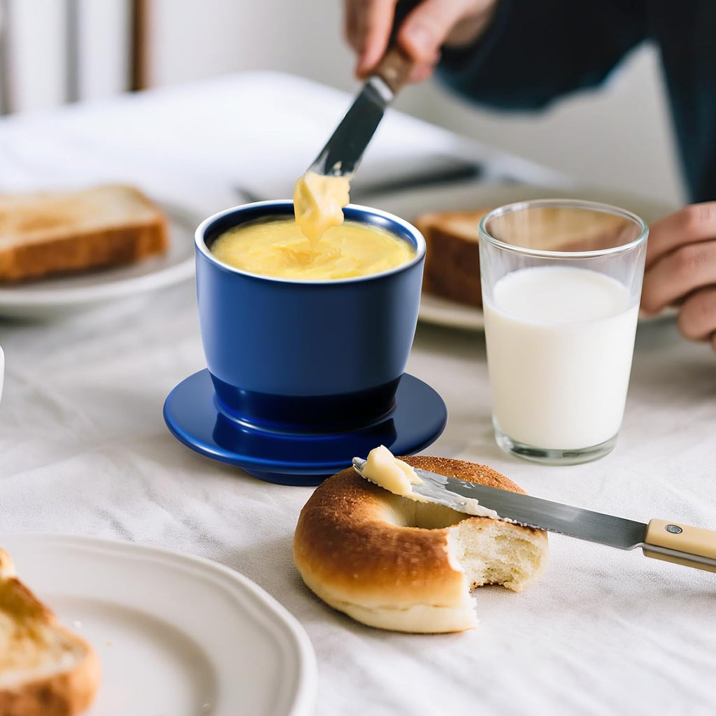 Large Butter Crock Bell for Counter with Water Line, Butter Keeper, Ceramic French Butter Dish Holder for Fresh Spreadable Soft Butter (Blue, 8 Ounce)