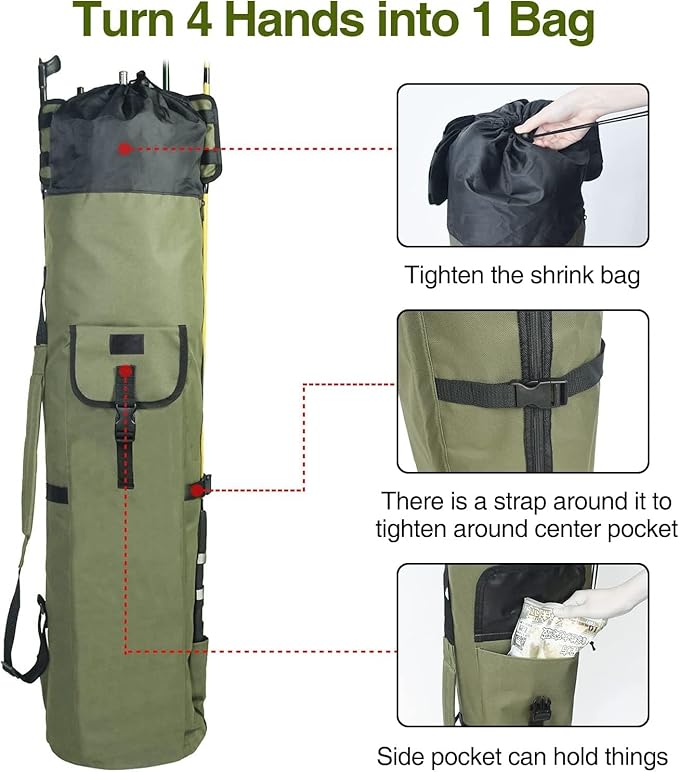 DONQL Fishing Rod Bags - Outdoor Pole Holders, Multifunction Camping Portable Canvas Backpack Case - Fish Rod Storage Bag Holding 5 Poles & Tackles (Dark Green)