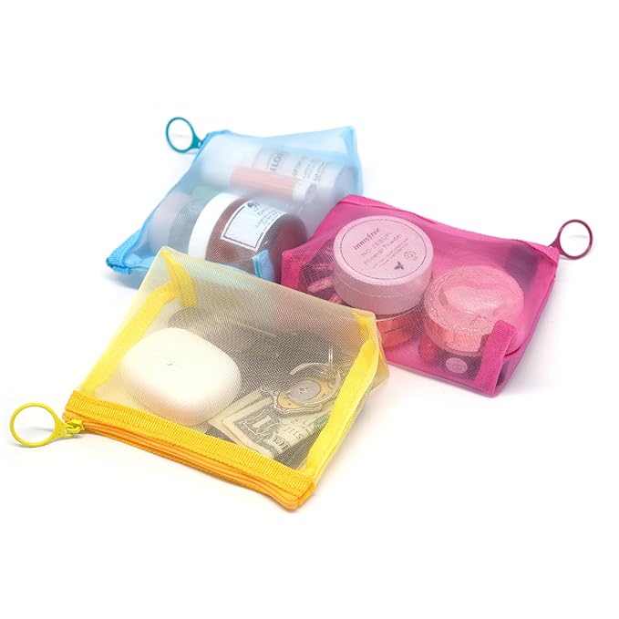 patu Widened Mini Zipper Mesh Bags, Size S, 5" x 4" x 2", 5 Pieces, Beauty Makeup Lipstick Cosmetic Accessories Organizer, Small Travel Kit Storage Pouch, Assorted Colors