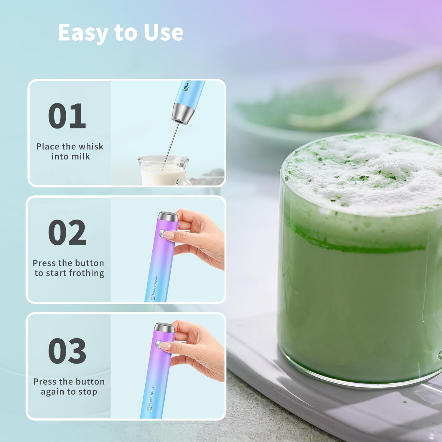 Maestri House Rechargeable Milk Frother with Stand, LunaFro Handheld Electric Foam Maker Waterproof Detachable Stainless Steel Whisk Drink Mixer Foamer for Lattes, Cappuccino