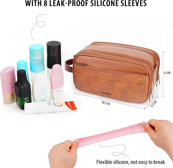 Travel Toiletry Bag for Men, Large Hanging Toiletries Organizer Bags, Cruise Ship Essentials, Water-resistant Shaving Case, PU Leather Makeup Accessories, Cosmetic Dopp Kit, Brown