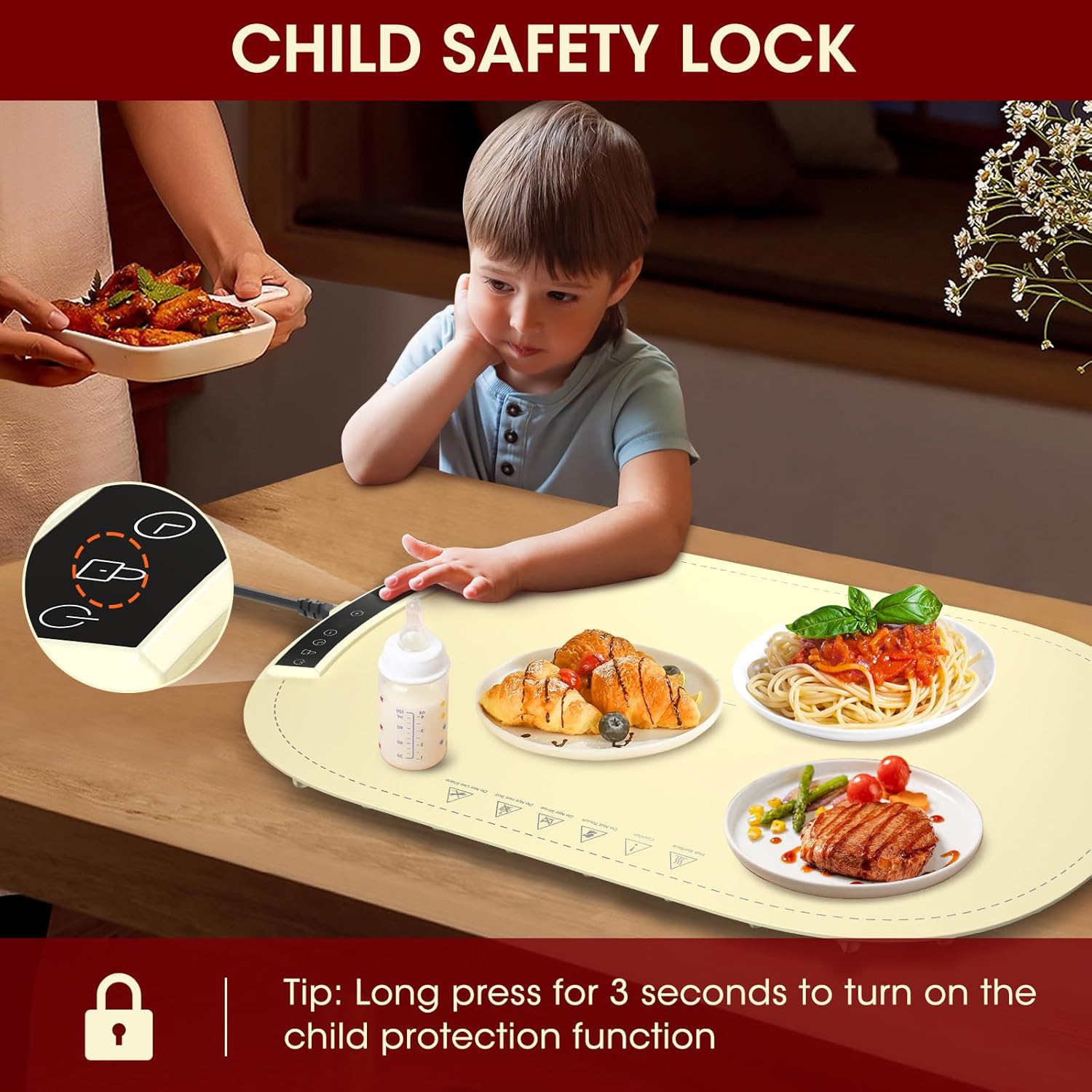 Warming Mat for Food, MQUPIN Food Warming Mat with 7 Temp Settings 1-4 H Timer and Child Safety Lock, Full Surface Heating Roll Up Electric Warming Tray for Gatherings,Parties,Buffet,Daily Use（Beige）