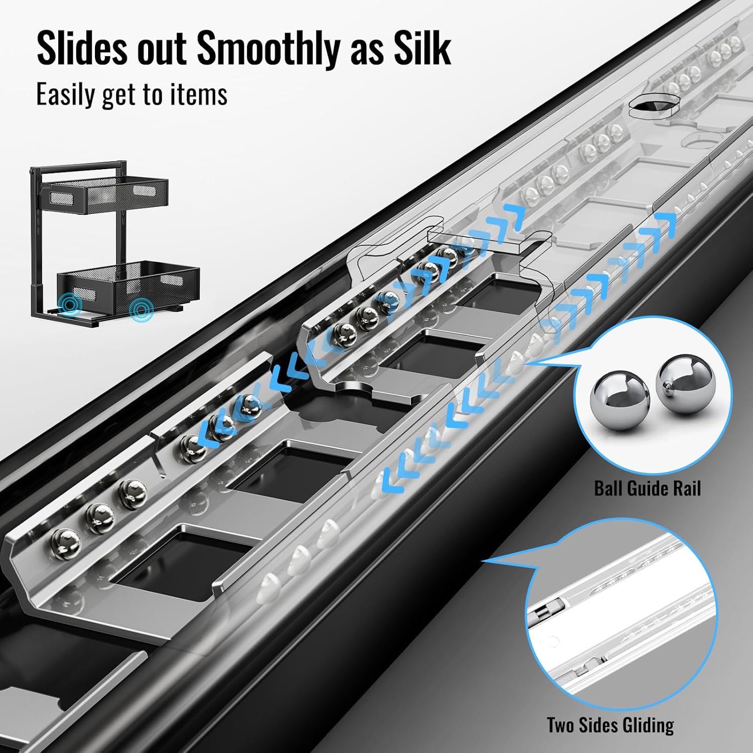 2-Tier Under Sink Organizer, Silk-Smooth Metal Sliding Drawer Organizers and Storage Rack, Pull Out Cabinet Shelf for Kitchen, Bathroom, Pantry, Cabinet, Closet
