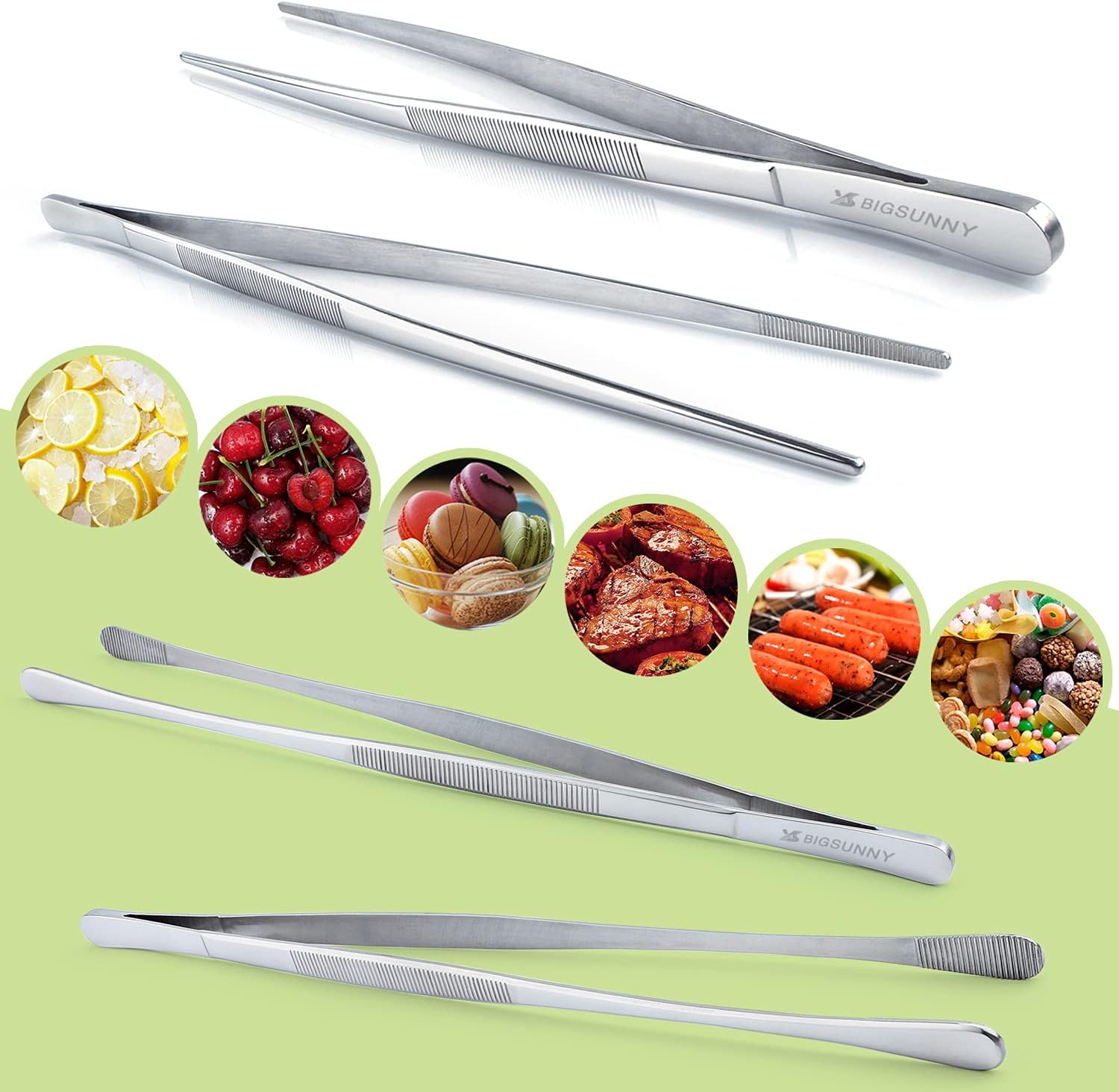 MSY BIGSUNNY Stainless Steel Food Tweezers Multi-function Cooking Tongs Kitchen Serving Tong (12" Round & 12" Pointed Tweezers)