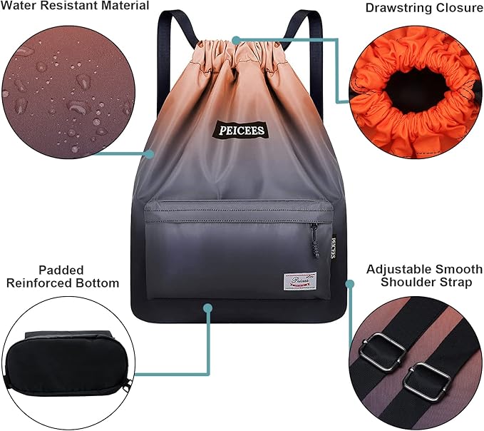 Peicees Waterproof Drawstring Sport Bag Lightweight Sackpack Backpack for Men and Women