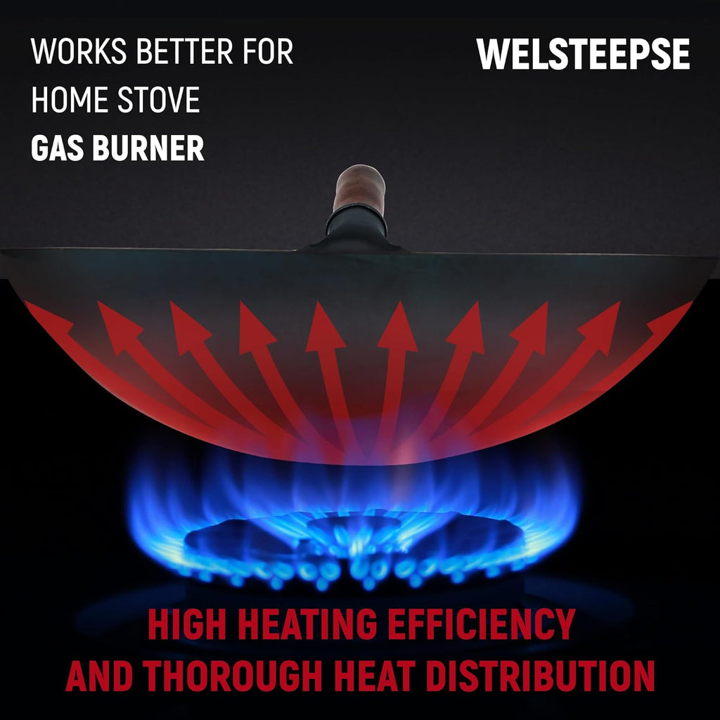 Carbon Steel Wok Traditional Hand Hammered Wok,14 Inch,Round Bottom(Roasted Blue)