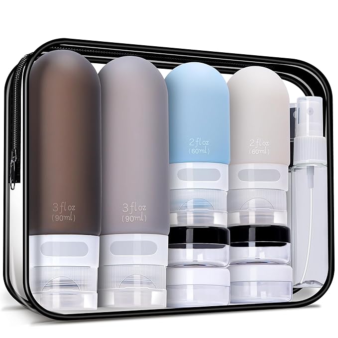 18 Pcs Travel Size Toiletries Set,Leak Proof Squeezable Silicone Travel Bottles for Shampoo and Conditioner,TSA Approved Travel Essentials Accessories,Black Pack