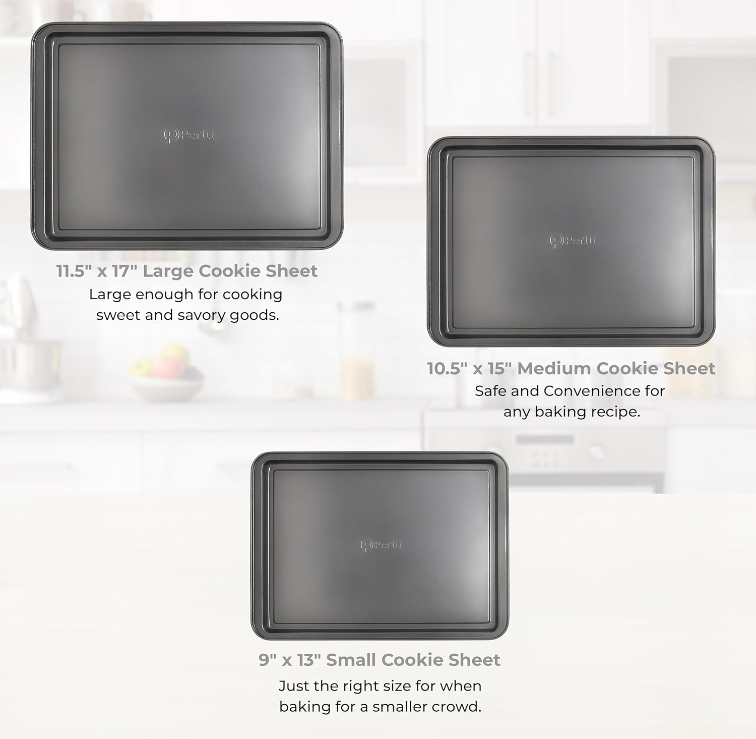 PERLLI Non-Stick 3-Piece Baking Pan Set, BPA-Free Gray Carbon Steel Bakeware Set, Stackable Kitchen Oven Set, Cookie Sheet, Baking Tray, Baking Sheet Set, Oven Safe (446°F)